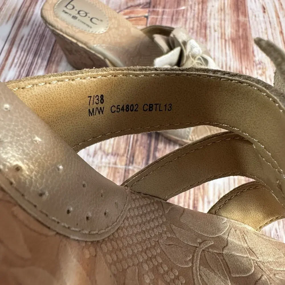BOC Born Concept Size 7 Bronze Leather Flower Cork Wedge Sandals Open Toe Shoes - Picture 10 of 11